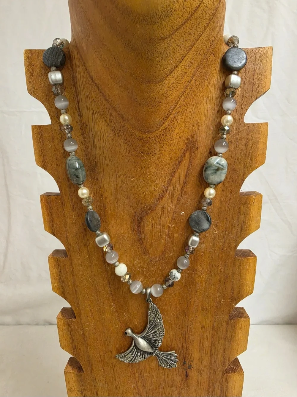 Handmade Dove Bird Pendant Necklace Gray White Beaded Rhinestone Style New